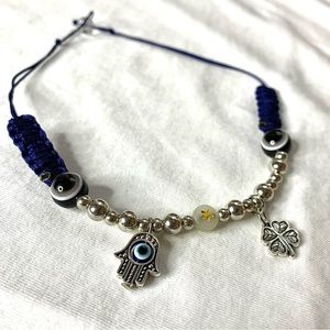 Handmade Blue Choker with Black Evil Eye, 4 leave clover and Hansa Hand